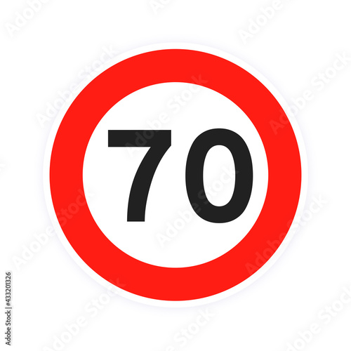Speed limit 70 round road traffic icon sign flat style design vector illustration isolated on white background. Circle standard road sign with number 70 kmh.