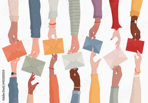 Arms of diverse people holding an email as a concept of electronic mail information and sharing online.Send and receive messages. Colleagues o co-workers o friends.Teamwork.Communication