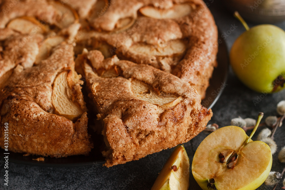 Charlotte. Delicious apple pie. Apple pie on the table Charlotte. Delicious apple pie. Apple pie on the table