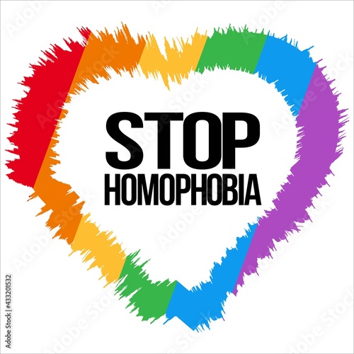 Stop Homophobia movement with LGBT flag in Love shape brush stroke vector illustration and text effect, LGBT flag, Stop Homophobia, Love shape, black text effect.