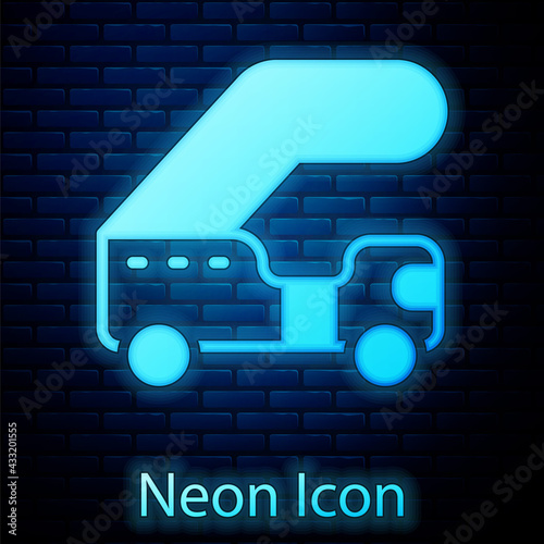 Glowing neon Passenger ladder for plane boarding icon isolated on brick wall background. Airport stair travel. Vector