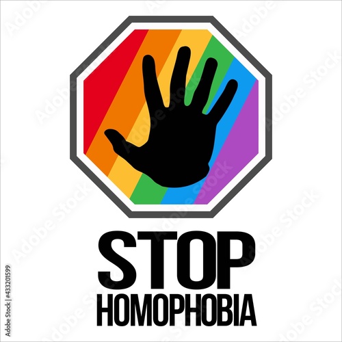 Stop Homophobia movement with LGBT flag and hand shape vector illustration and text effect, Stop Homophobia, black text effect, LGBT flag, Gay and lesbian, hand shape, rainbow.
