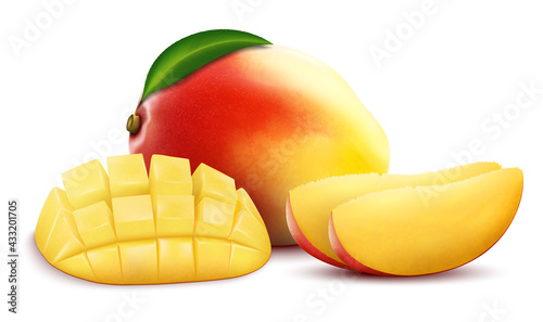 Mango whole and sliced mango cubes isolated on white background . Sweet fruits. 3d vector icons set. Realistic vector illustration, editable handmade grid