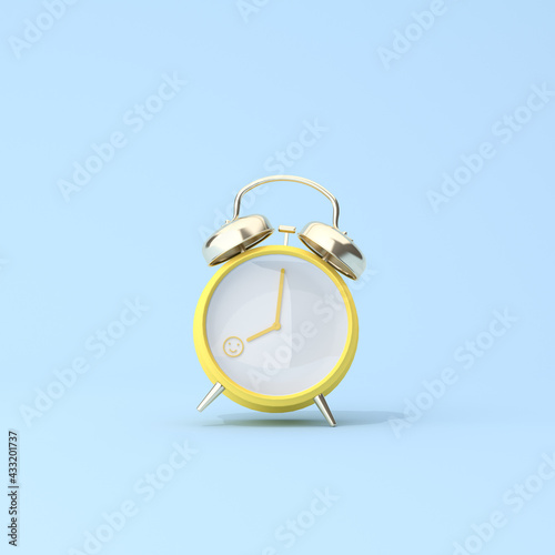 Conceptual scene of yellow alarm clock at 8 o'clock, wake up, happy on working day. 3d rendering. photo