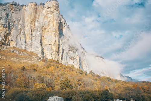 landscape autumn high mountains on blue sky dry grass fresh air photo