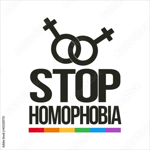 Stop Homophobia text effect in with LGBT flag and lesbian sign vector illustration, Stop Homophobia, black text effect, LGBT flag, Gay and lesbian, rainbow, lesbian sign.
