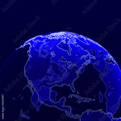 Worldwide connecting lines, light effect themed background. Connection to the global network. Planet Earth. Internet and technology. World map. North America. 3D rendering.