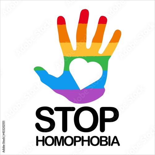 Stop Homophobia digital black text effect with LGBT flag inside hand shape and love shape vector illustration, Stop Homophobia, black text effect, Gay and lesbian, brush stroke, hand shape, love shape