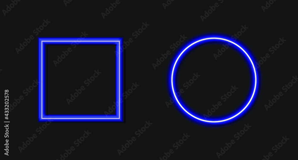 Vector neon blue square and circle blank frame isolated on black ...