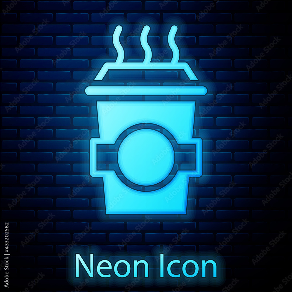 Glowing neon Coffee cup to go icon isolated on brick wall background. Vector Glowing neon Coffee cup to go icon isolated on brick wall background. Vector