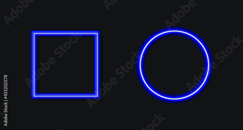 Vector neon blue square and circle blank frame isolated on black background, geometrical shape with shadow, realistic illustration.