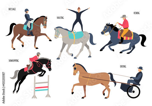 Collection of different gaits of horses and equestrian sports: Dressage, Show jumping, Reining, Driving, Vaulting isolated on white background. Colorful vector illustration in flat cartoon style.