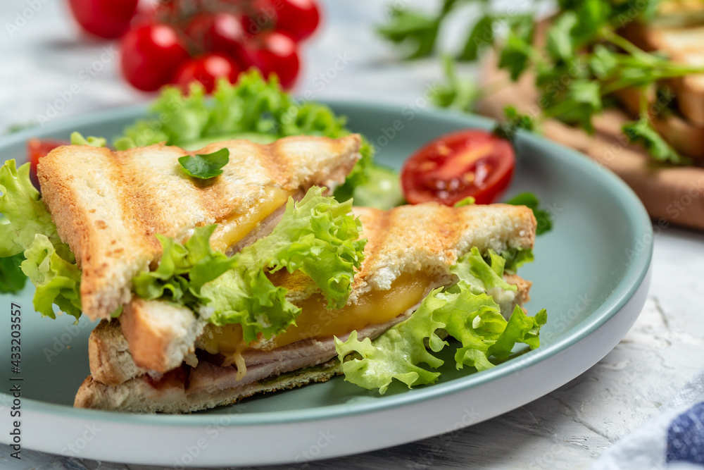 Delicious fresh toast grill with cheese and ham. Pressed and toasted double quick snack Delicious fresh toast grill with cheese and ham. Pressed and toasted double quick snack