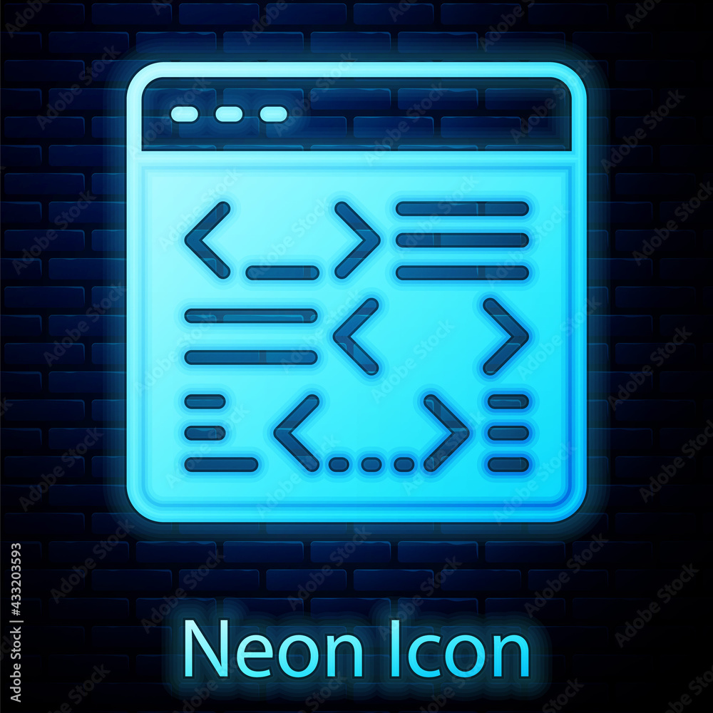 Glowing neon Software, web developer programming code icon isolated on brick wall background. Javascript computer script random parts of program code. Vector Glowing neon Software, web developer programming code icon isolated on brick wall background. Javascript computer script random parts of program code. Vector