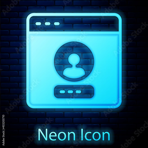 Glowing neon Create account screen icon isolated on brick wall background. Vector