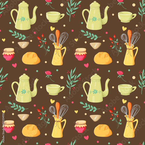 Vector seamless pattern cozy home on a brown background. Teapot, mug, jam, bread, cloth napkin, milk jug, spatula, corolla, leaves, flowers in pastel colors.