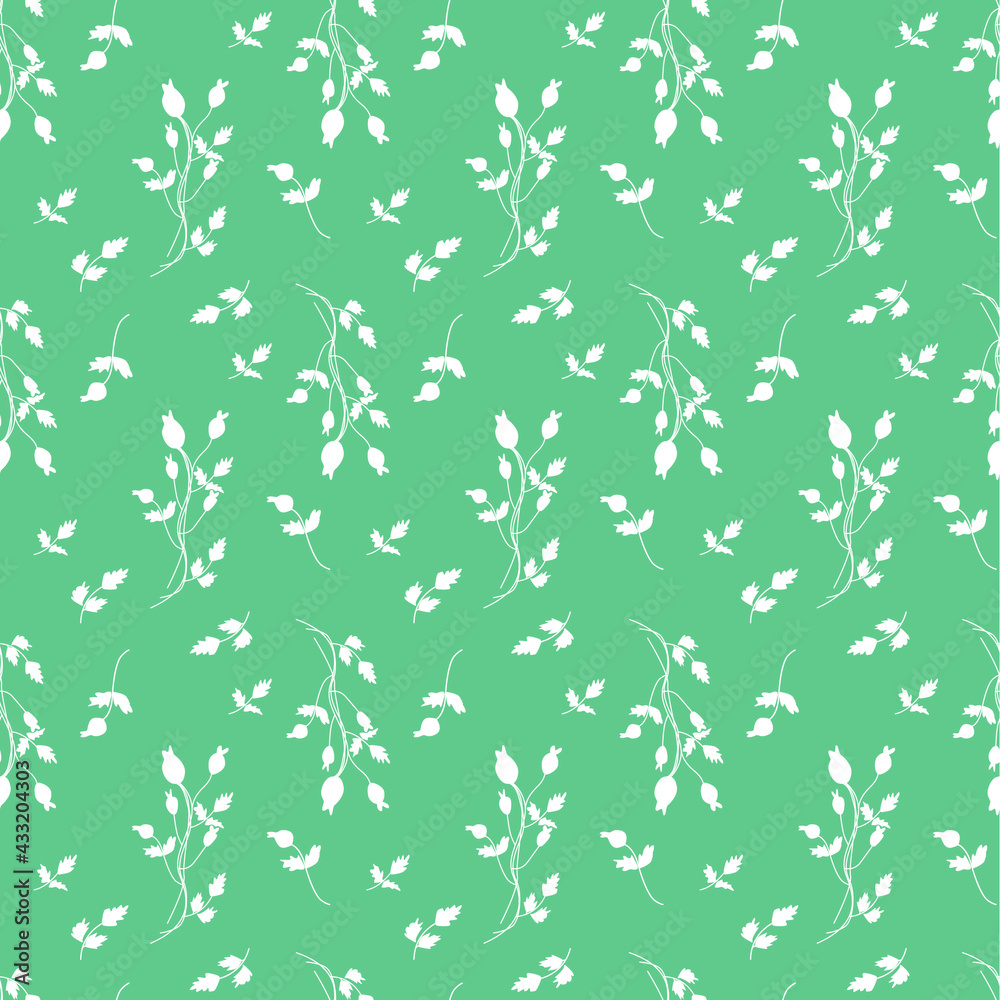 Vector pattern with berry and leaves of wild rose (rosehip) on a blue background. In pastel colors. Vector pattern with berry and leaves of wild rose (rosehip) on a blue background. In pastel colors.