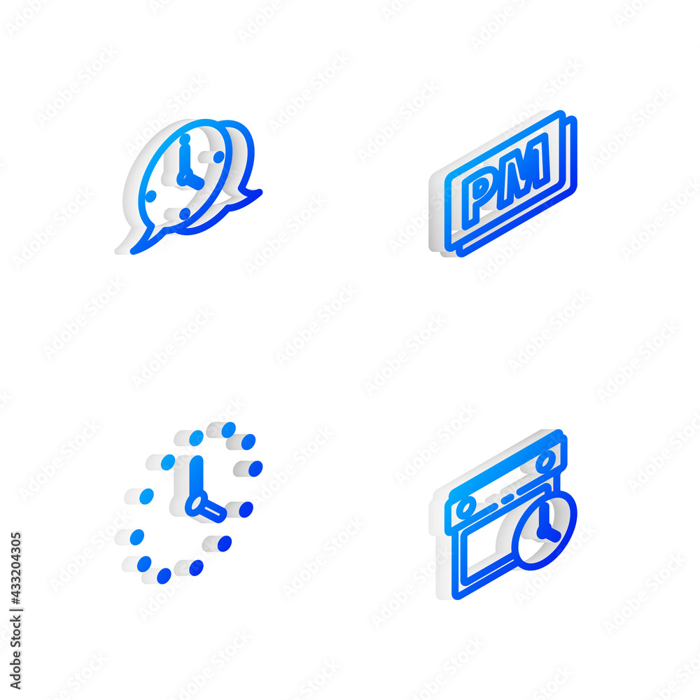 Set Isometric line Clock PM, speech bubble, and Calendar and clock icon. Vector Set Isometric line Clock PM, speech bubble, and Calendar and clock icon. Vector