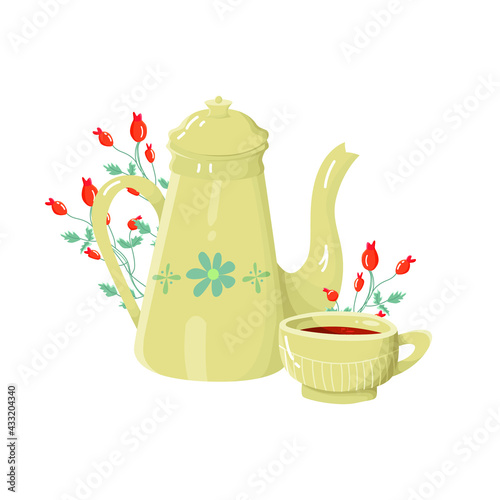 Vector illustration of a teapot with a mug and rosehip branches. Vintage kitchen utensils. Sticker in pastel colors.