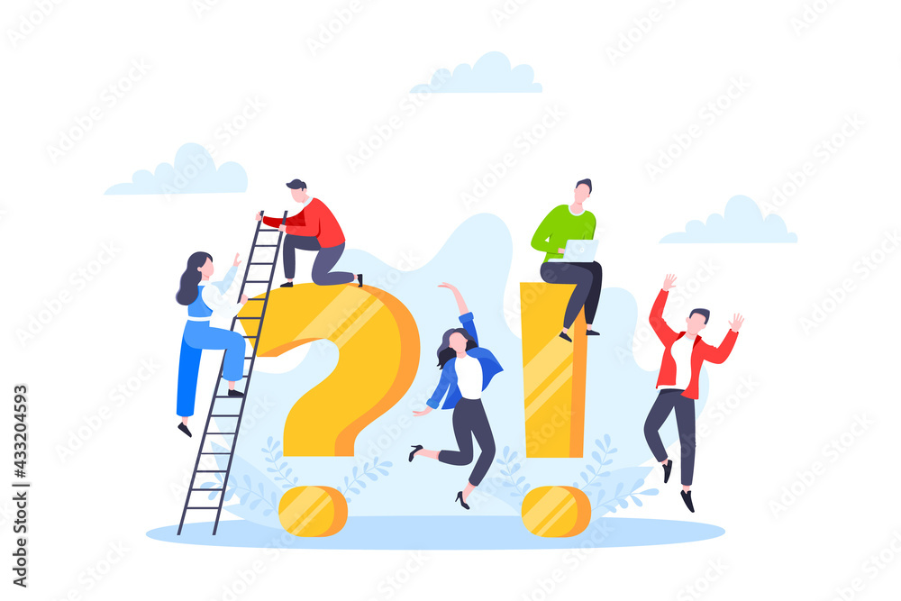 Q and A or FAQ concept with tiny people characters, big question and exclamation mark, frequently asked questions template. Answers business support concept flat style design vector illustration.