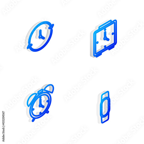 Set Isometric line Alarm clock  Clock  and Smartwatch icon. Vector