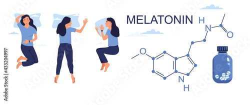 Melatonin tablets with hormone chemical formula.Insomnia concept.Night time and sleep disorder Addiction of pills,hypochondria.Stress, nervous strain.Woman lying in bed with tracker on her hand.