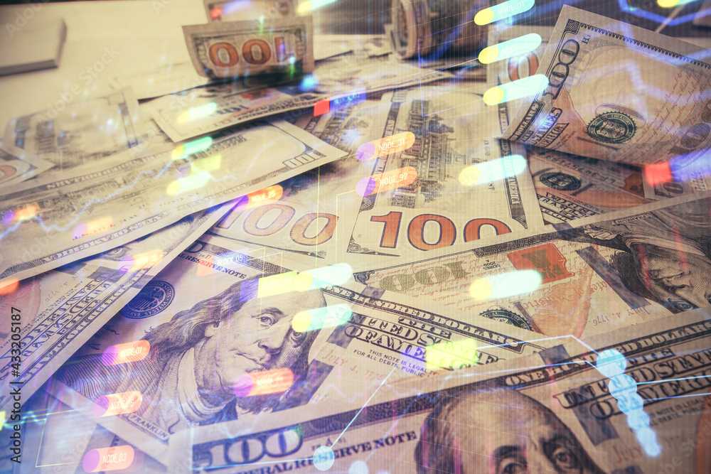 Double exposure of data theme drawing over us dollars bill background. Technology concept. Double exposure of data theme drawing over us dollars bill background. Technology concept.