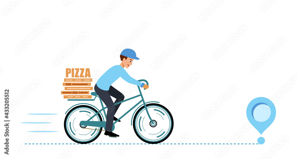 Fototapeta premium Banner fast delivery pizza. Courier rides a Bicycle and delivers pizza. Delivery of order.