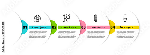 Set line Car motor ventilator, Gear shifter, Shock absorber and spark plug. Business infographic template. Vector