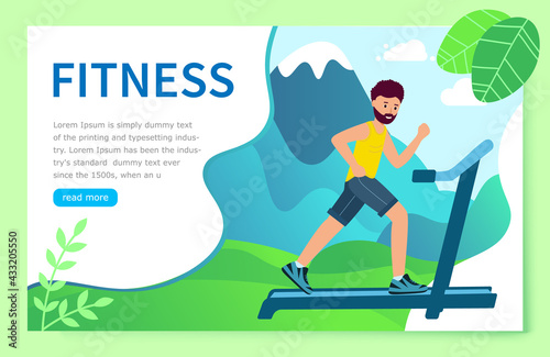 Website Concept fitness. An adult runs on a treadmill against © kornetka