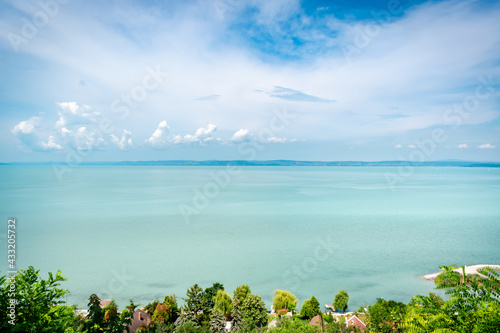 View of Lake Balaton from Balationvilagos lookout on a sunny summer day, Hungary, Europe