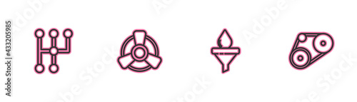Set line Gear shifter, Funnel and oil drop, Car motor ventilator and Timing belt kit icon. Vector