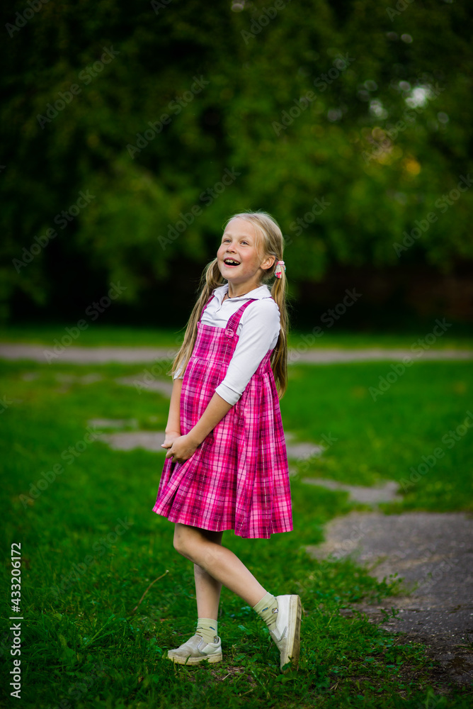 happy girl in purple dress, outdoor walks happy childhood selective focus happy girl in purple dress, outdoor walks happy childhood selective focus