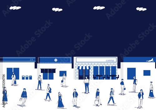 多くの若者と繁華街の風景