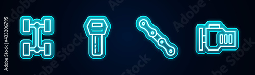 Set line Chassis car, Car key with remote, chain and Check engine. Glowing neon icon. Vector