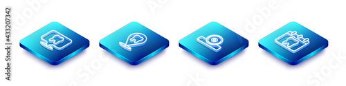 Set Isometric line Dental clinic location, , Otolaryngological head reflector and Calendar with tooth icon. Vector