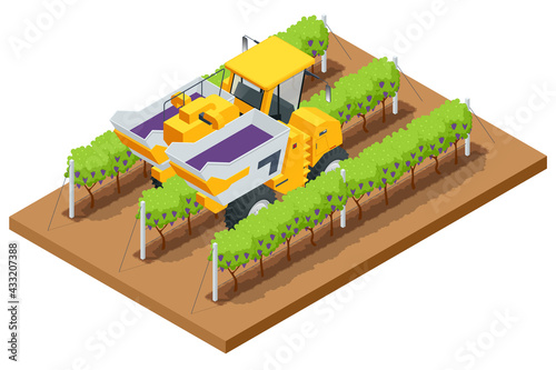 Isometric Mechanical Grape Harvester works by beating the vine with rubber sticks to get the vine to drop its fruit onto a conveyor belt that brings the fruit to a holding bin. Agricultural work