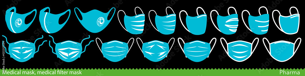 Set of medical face mask icons. Various surgical and FFP masks and respirators. Vector Illustration Set of medical face mask icons. Various surgical and FFP masks and respirators. Vector Illustration