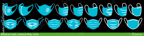 Set of medical face mask icons. Various surgical and FFP masks and respirators. Vector Illustration