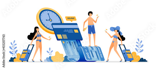 People choose time and date to buy summer vacation tickets with mobile apps. Payment of holiday bills by credit card. Illustration can be used for landing page, banner, website, web, poster, brochure