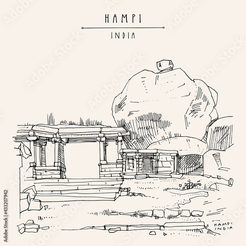 Vector Hampi postcard. Karnataka, India. 14th century capital of the Vijayanagara Empire. Ancent temple, giant boulder. Heritage travel sketch. Vintage hand drawn travel postcard, poster illustration