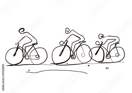 Cycling trip, line art stylized cartoon.
Black and white drawing of three cyclists in a abstract landscape. Vector available.