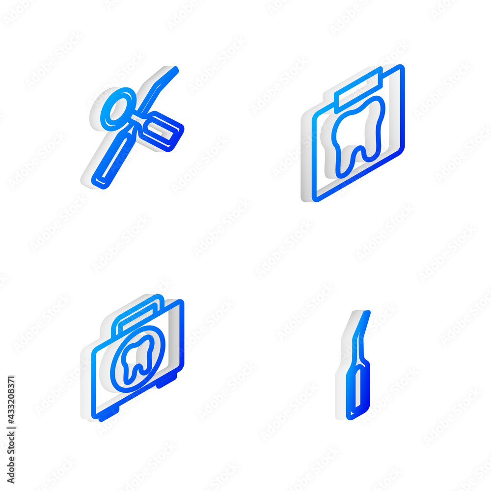 Set Isometric line X-ray of tooth, Dental inspection mirror, First aid kit and explorer scaler icon. Vector Set Isometric line X-ray of tooth, Dental inspection mirror, First aid kit and explorer scaler icon. Vector