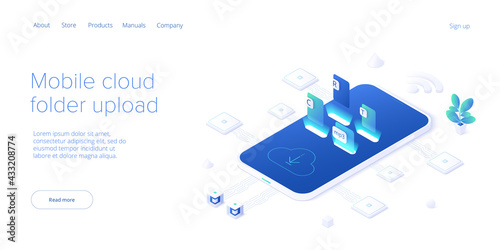 Using cloud folder service in isometric vector illustration. Uploading documents in digital storage. Data transfering application. Web banner template.