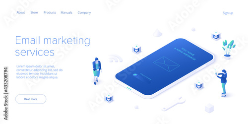 Email service in isometric vector illustration. Electronic mail message concept as business marketing. Newsletter sending mobile service layout or webmail. Web banner template.