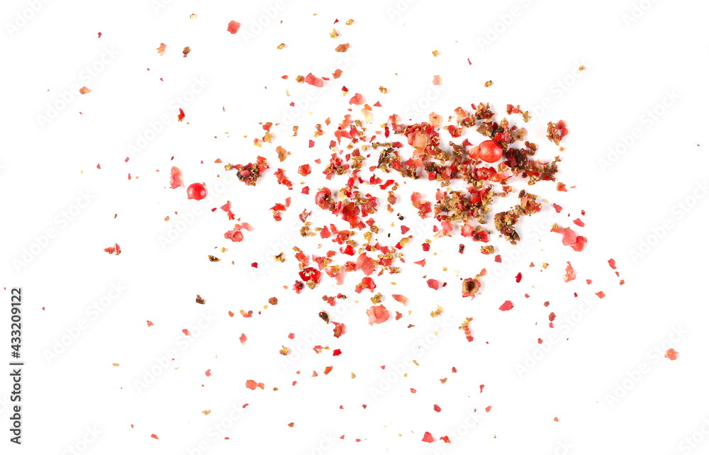 Ground red peppercorns, milled pepper pile isolated on white background, top view