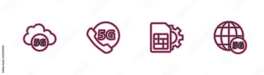 Set line Cloud 5G network, Sim card setting, Phone with and icon. Vector Set line Cloud 5G network, Sim card setting, Phone with and icon. Vector