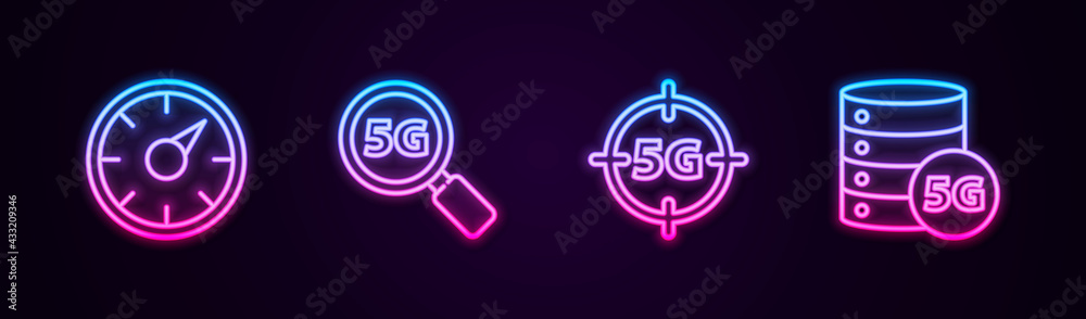Set line Digital speed meter 5G, Search network, and Server. Glowing neon icon. Vector Set line Digital speed meter 5G, Search network, and Server. Glowing neon icon. Vector