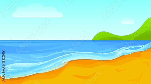 Seaside landscape, empty tropical beach with waves. Paradise nature vacation on wild beach. Vector illustration cartoon style © Anastasiya