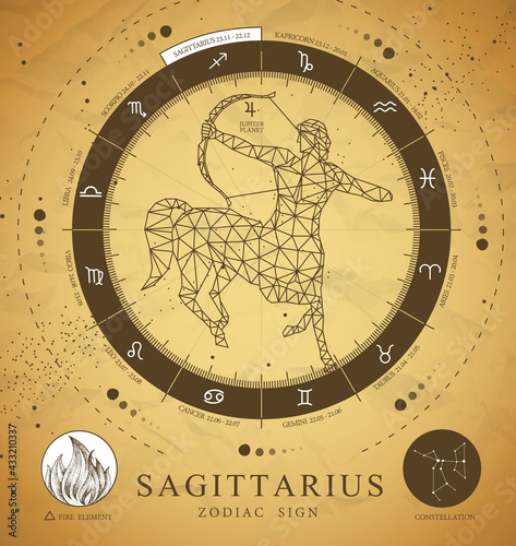 Vintage magic witchcraft card with astrology Sagittarius zodiac sign. Polygonal centaur with Bow and arrow. Zodiac characteristic